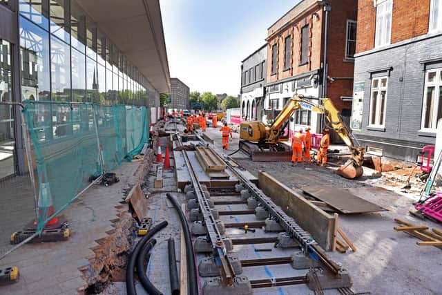 Tracks going down in Pipers Row in August 2018