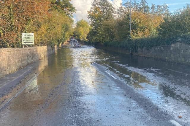 A41 Holyhead Road flooded on Sunday. Photo: @IronbridgeAAC