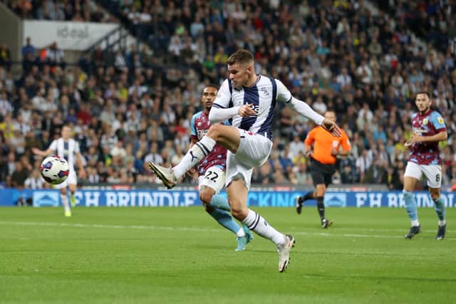 Conor Townsend  of West Bromwich Albion shoots during the Sky Bet Championship between West Bromwich Albion and Burnley at The Hawthorns on September 3, 2022 in West Bromwich, United Kingdom. (Photo by Adam Fradgley/West Bromwich Albion FC via Getty Images).