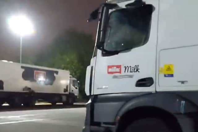 Lorries at Muller's Willenhall site were targeted. Image: Animal Rebellion