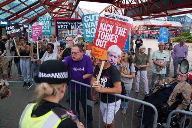 Protesters outside the hustings event at the NEC in Birmingham