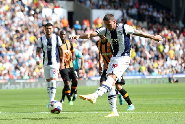 John Swift of West Bromwich Albion scores a goal to make it 2-0 during the Sky Bet Championship between West Bromwich Albion and Hull City at The Hawthorns on August 20, 2022 in West Bromwich, United Kingdom. (Photo by Adam Fradgley/West Bromwich Albion FC via Getty Images).