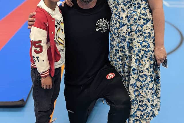 Tom Hardy with Ollie and mum Carla. Photo: Carla Frost