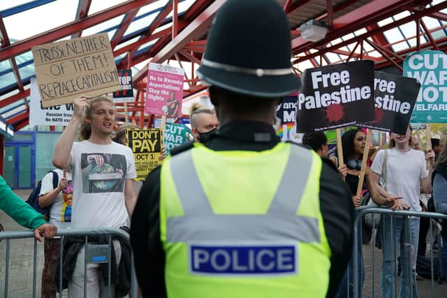 Protesters outside the hustings event at the NEC in Birmingham