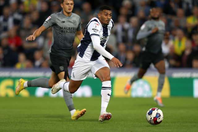 Karlan Grant of West Bromwich Albion during the Sky Bet Championship between West Bromwich Albion and Cardiff City at The Hawthorns on August 17, 2022 in West Bromwich, United Kingdom. (Photo by Adam Fradgley/West Bromwich Albion FC via Getty Images).