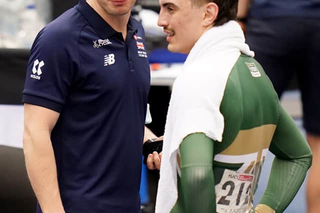 Sir Jason Kenny (left) and Great Britain's Hayden Norris during day two of the Tissot UCI Track Nations Cup 2022 at the Sir Chris Hoy Velodrome, Glasgow. Picture date: Friday April 22, 2022..