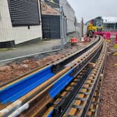 The first 300 metres of light rail arrived at the Castle Hill site in Dudley town centre in January