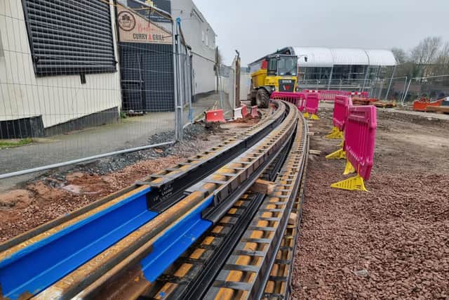 The first 300 metres of light rail arrived at the Castle Hill site in Dudley town centre in January