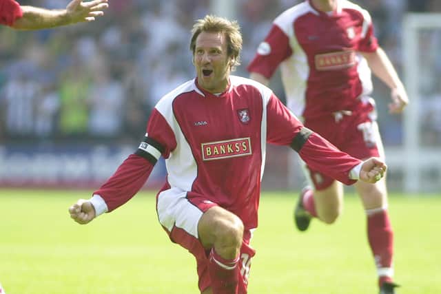 Paul Merson celebrates his goal as Walsall mauled Albion back on the opening day in 2003