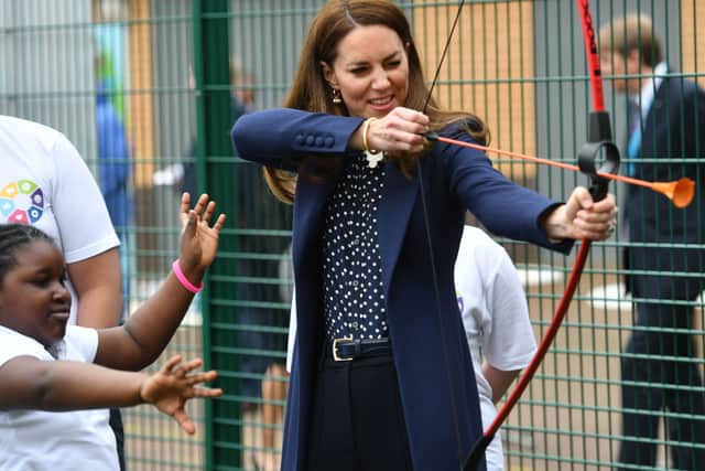 The Duchess of Cambridge at a an archery session during a visit to The Way Youth Zone in Wolverhampton in 2021