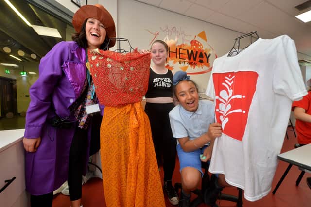 Youth work manager Rebecca Bunger along with Scarlett May, aged 11, and Jovan Singh Rana, aged 11