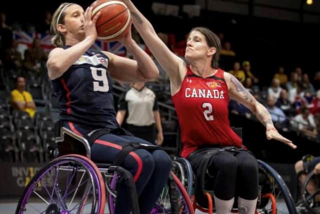 Kelly in action for Team UK in the wheelchair basketball event.