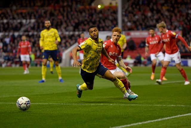 Darnell Furlong of West Bromwich Albion competes with Jack Colback of Nottingham Forest during the Sky Bet Championship match between Nottingham Forest and West Bromwich Albion at City Ground on April 18, 2022 in Nottingham, England. (Photo by Malcolm Couzens - WBA/West Bromwich Albion FC via Getty Images).
