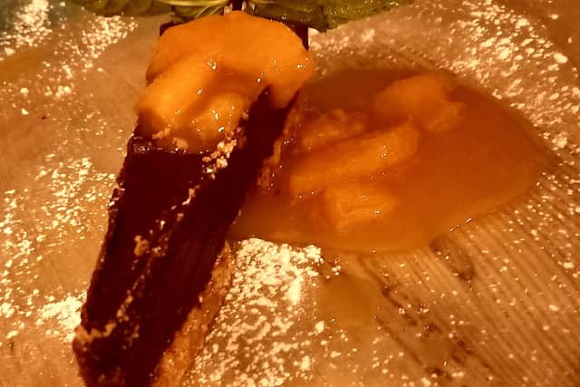 Dark Chocolate Torte with Orange & Whiskey Compote