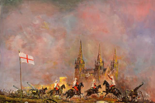 The English Civil War rages around Lichfield Cathedral in this painting