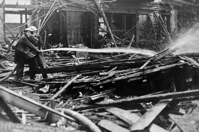 The gutted Birmingham Market Hall as seen in a photo which was censored.