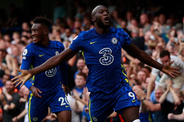 Chelsea's Romelu Lukaku, right, celebrates after scoring his side's opening goal