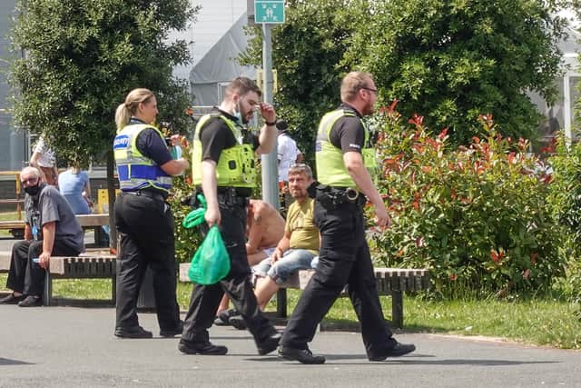 Police at the Emergency Department entrance of New Cross Hospital in Wolverhampton after a member of staff was stabbed. Photo: SnapperSK.