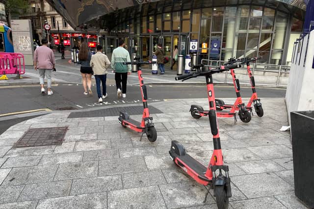 Sarah Gayton of the National Federation of the Blind said this was an example of how e-scooters can be parked dangerously. Photo: Sarah Gayton