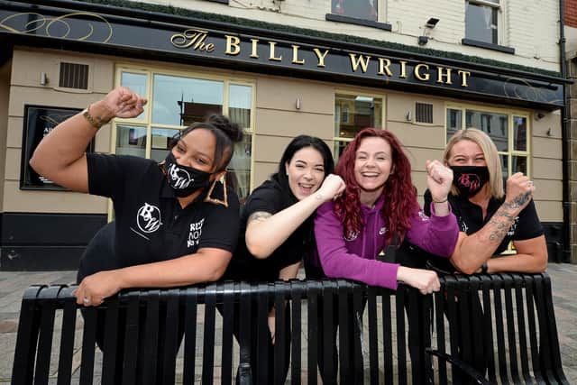 Manager Hayley McMullan with Jordan Manderson, Ellen Konu, and Tracy Fleet as they enjoy their first day back running the Billy Wright