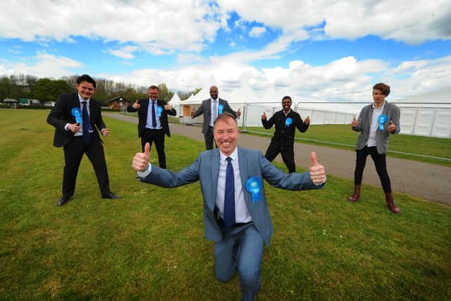 Conservatives celebrate in Sandwell, left to right:David Fisher, William Gill, Scott Chapman, Jay Anandou, Archer Williams, and Liam Abrahams