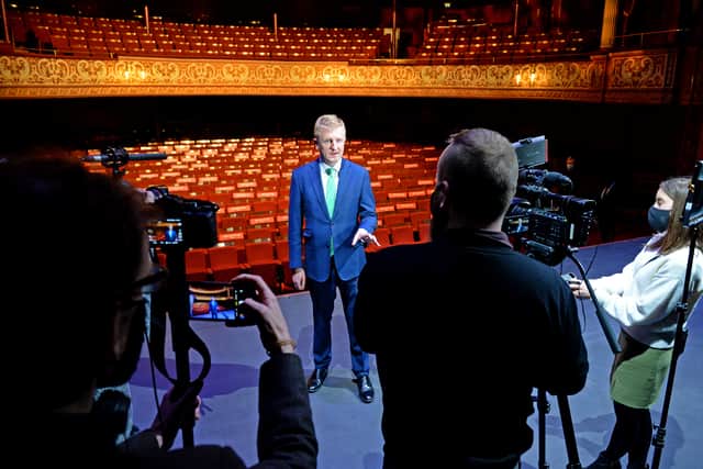 Oliver Dowden speaks to the media on the Grand's stage