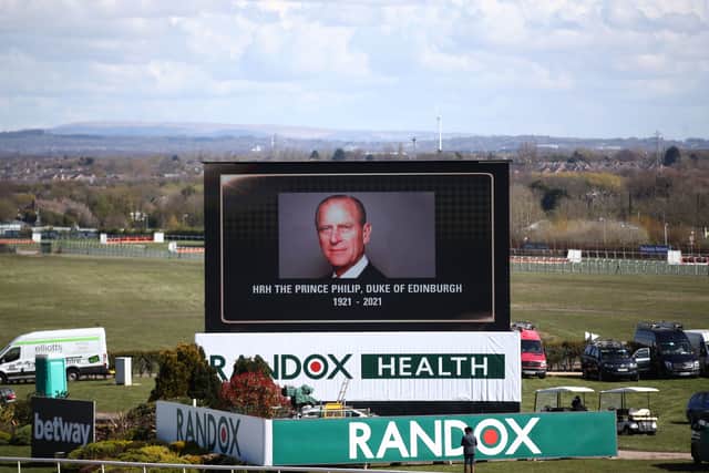A tribute on a big screen for the late Prince Philip, Duke of Edinburgh, ahead of Ladies Day of the 2021 Randox Health Grand National Festival at Aintree Racecourse.