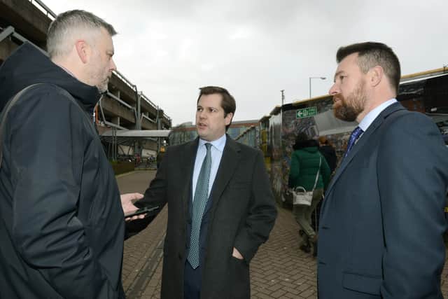 Communities Secretary Robert Jenrick (centre) with Stuart Anderson MP (right) at Wolverhampton railway station in January 2020