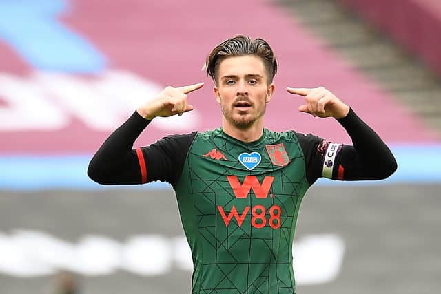 Aston Villa's Jack Grealish celebrates scoring against West Ham.