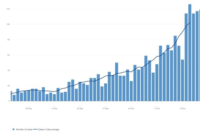 The daily number of new coronavirus cases in the Dudley borough since September 1. Data: Public Health England