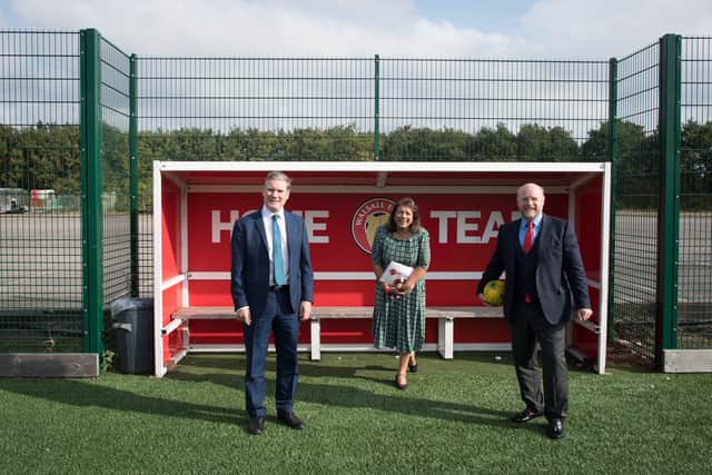 Labour leader Sir Keir Starmer (left) with MPs Liam Byrne and Valerie Vaz during a visit to Walsall FC. Photo: Stefan Rousseau/PA Wire.