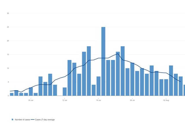 The daily number of positive coronavirus tests in Sandwell in July. Data: Public Health England