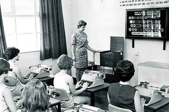 This picture dates from June 1968 and shows the Sight and Sound Education touch-typing school in Broad Street, Wolverhampton. The accompanying caption said in part: 'The first batch of students passed out of a new touch-typing school in Wolverhampton today - only 12 days after the course started. The school teaches typing by a new method which can bring pupils up to the same level of proficiency after 12 daily lessons of one hour each, as they would reach by learning to type by other methods in 18 months.' 
