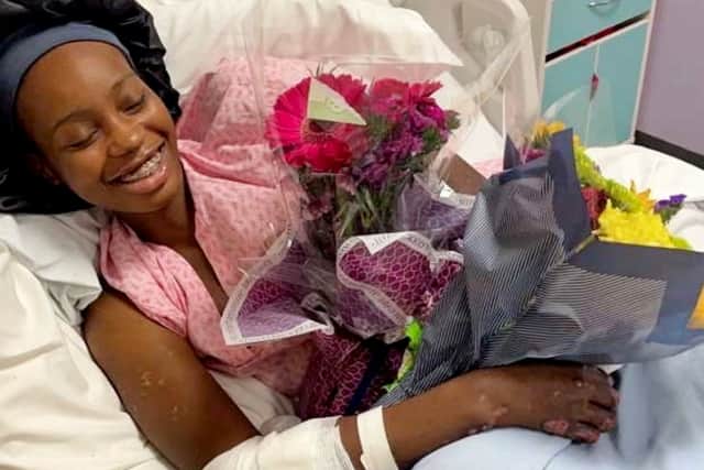 Ketia Moponda, from Wolverhampton, when she was a 19 year-old student whose "freshers' flu" turned out to be deadly meningitis - resulting in her having both legs amputated to save her life.