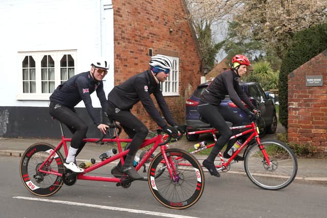  Greg James (R) rides a tandem bike with guests during the Radio 1 Longest Ride challenge for Comic Relief on March 16, 2026 in Kings Bromley, England. 