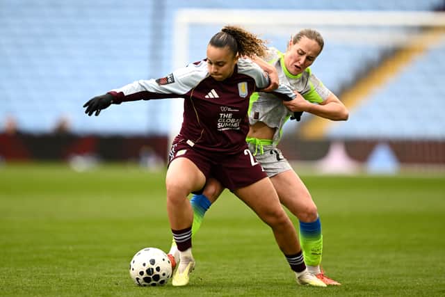 Villa's Chasity Grant struck the post in the stalemate against leaders Manchester City. (Photo by Gareth Copley/Getty Images)