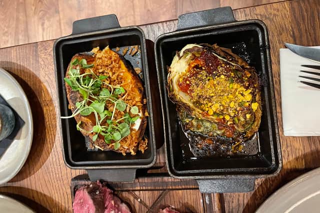 Side dishes at Cow & Sow: Smoky sweet potato and Miso & Chipotle glazed Hispi cabbage
