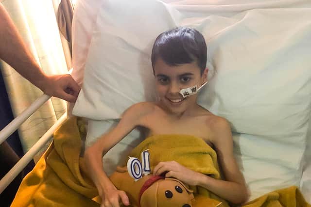 Alfie celebrating his 10th birthday in hospital while undergoing treatment for medulloblastoma, an aggressive malignant brain tumour in children. Photo: Children with Cancer UK