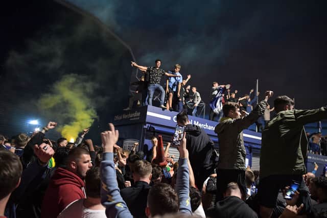 West Brom fans celebrate outside The Hawthorns. Photo: SnapperSK