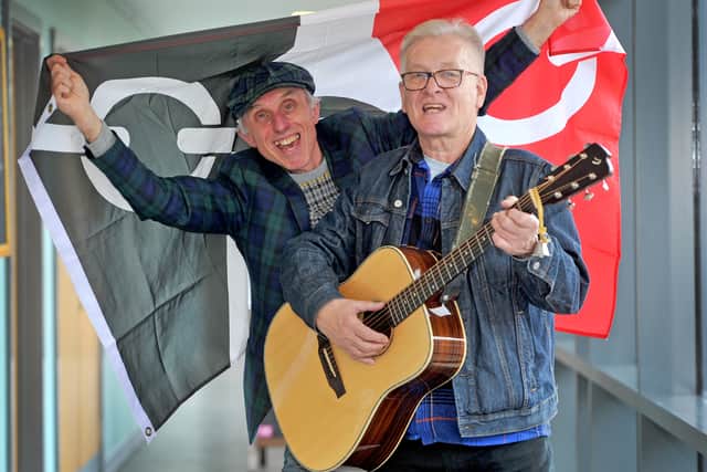 Brian Dakin, aka Billy Spakemon, with his performing partner Tom Stanton from The Blue Granits, who are busking for Black Country Day