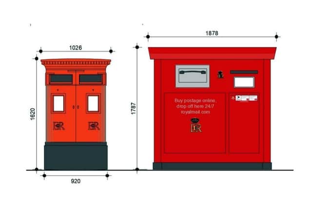 How a normal pillar post box looks against, right, what a post box complete with a parcel posting area would look like