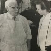 The Princess Royal talks to Frank Egan, who demonstrated the craft of edging leather.