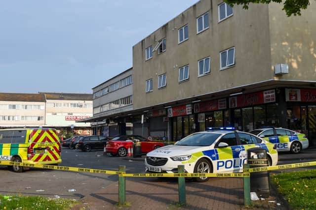 Police at the scene at West Cross Shopping Centre in Smethwick. Photo: SnapperSK