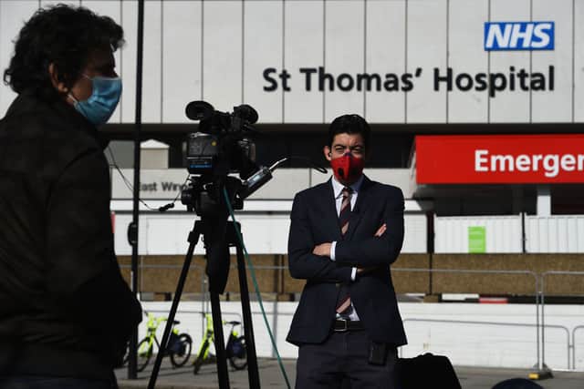 Media gathered outside the A & E department at St Thomas' Hospital in Central London where Prime Minister Boris Johnson is in intensive care