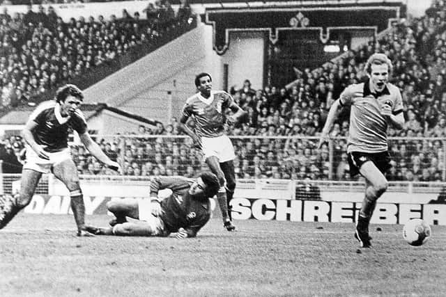 Andy Gray rolls the ball into the net for Wolves winner in the 1980 league cup final against Nottingham Forest.
