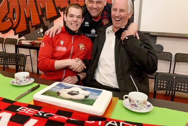 The former Walsall manager, who has dementia, is pictured with Chris Springthorpe, health officer at Walsall FC and Darren Newton from Accord..