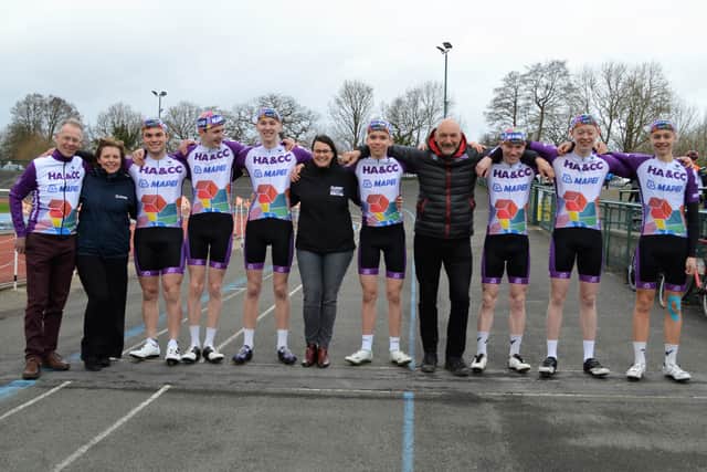 Members of Halesowen Cycling Club's Academy with Sarah Ridgway, Charley Everiss and William Fotheringham (Image: Mike Field)