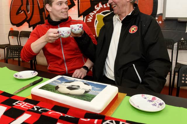 WALSALL COPYRIGHT EXPRESS&STAR TIM THURSFIELD- 05/03/20.Former Saddlers manager Chris Nicholl who has dementia, officially opened the dementia cafe at Walsall FC, which will be based in the community room..The two Chris's! Chris Nicholl meets Chris Springthorpe, health officer at Walsall FC..