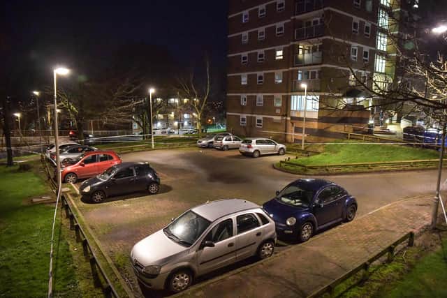 The car park outside the flats was cordoned off. Photo: SnapperSK