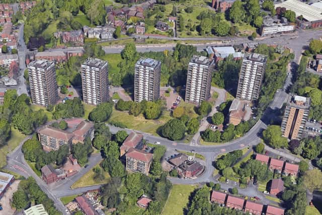 An aerial view showing the high-rise flats behind McColl's. Photo: Google